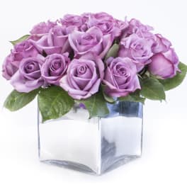Lavender roses arranged in a clear square glass vase