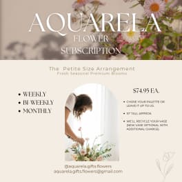 Flower subscription ad with a woman arranging pastel blooms