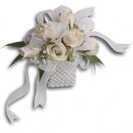 White rose bouquet with ribbon and pearl handle