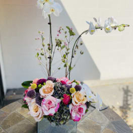 Mixed floral arrangement in a mirrored cube vase with white orchids