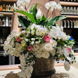 Large white orchid and rose arrangement in a pedestal container
