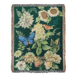 Floral woven throw blanket with butterflies and a Bible verse