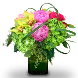 Pink peonies, roses, and green hydrangeas in a square glass vase