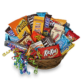 Basket of assorted candy bars with curly ribbon