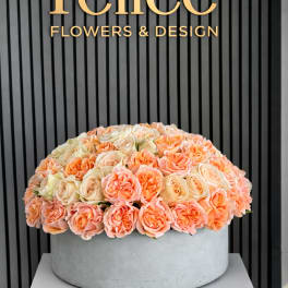Large peach and cream rose arrangement in a round gray container