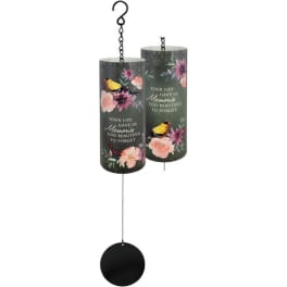 Two hanging memorial wind chimes with floral and bird designs