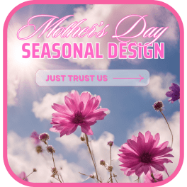 Pink flowers against a cloudy blue sky with Mother's Day text