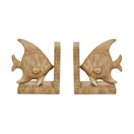 Pair of woven fish-shaped bookends on a white background