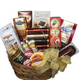 Gift basket with assorted chocolates and candies in a wicker basket