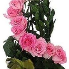 Pink roses arranged in a tall black vase with a green ribbon