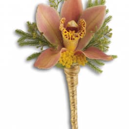 Pink orchid boutonniere with gold ribbon wrap