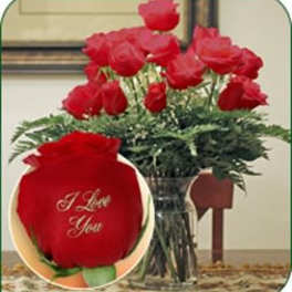 Red roses in a clear glass vase with a red heart pillow reading "I Love You"