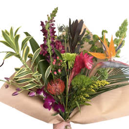 Tropical bouquet with orange bird of paradise and purple orchids