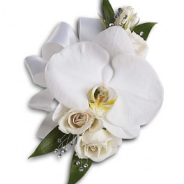 White orchid and roses with ribbon and crystal accents