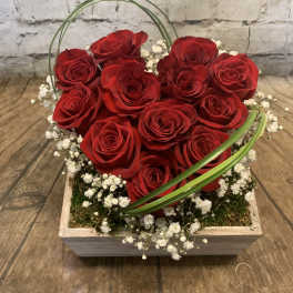 Red roses arranged in a square wooden box with white baby's breath