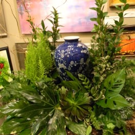 Lush green plant arrangement around a blue ceramic vase