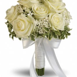 White rose bridal bouquet with ribbon wrap
