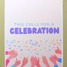 Celebration greeting card with colorful confetti and hands raising champagne glasses