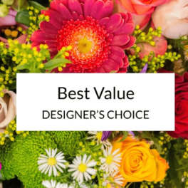 Mixed bouquet with a "Best Value Designer's Choice" sign