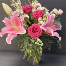 Fragrant Vase of Lilies and Roses