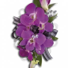 Purple orchid corsage with ribbon and crystal accents