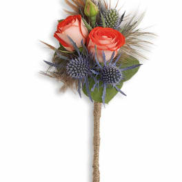 Boutonniere with coral roses and blue thistle on a wrapped stem