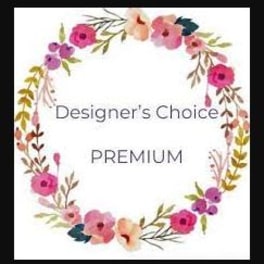 Floral wreath graphic with pink and peach flowers around the words Designer's Choice Premium