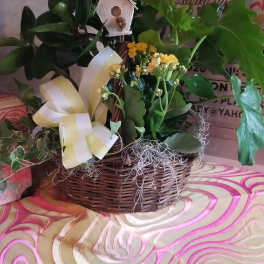 Basket arrangement with yellow flowers, succulents, and a birdhouse ornament