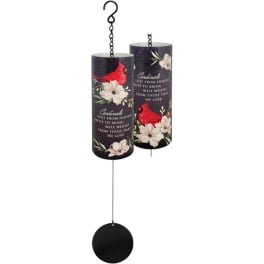 Two hanging memorial wind chimes with cardinal and flower designs