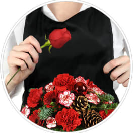 Person holding a red rose above a red carnation and pine arrangement