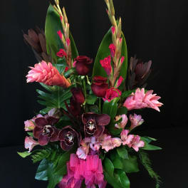 Tropical bouquet with pink orchids, dark roses, and a pink ribbon in a vase