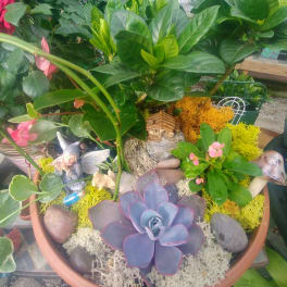 Potted succulent arrangement with stones and small decorative figurines