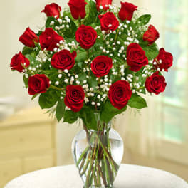 Red roses arranged in a clear glass vase with baby's breath