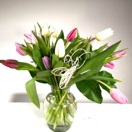 Bouquet of pink, white, and purple tulips in a clear glass vase