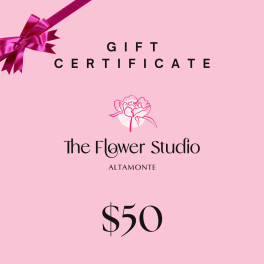 Pink gift certificate with a ribbon bow and flower studio logo