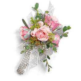 Pink rose corsage with silver ribbon and rhinestone accents