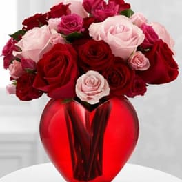 Red and pink roses arranged in a red glass vase