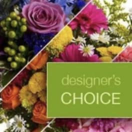 Collage of colorful mixed flower bouquets with a green "designer's CHOICE" label