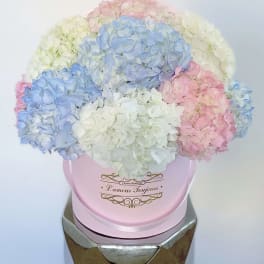 Pastel blue, pink, and white hydrangea arrangement in a pink hat box on a reflective pedestal