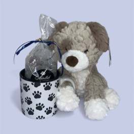Plush dog beside a paw-print mug holding a wrapped gift