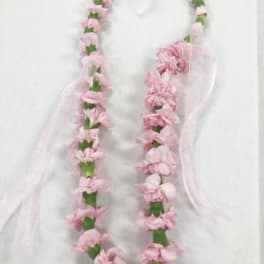 Pink flower lei with sheer ribbon streamers