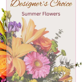 Designer’s Choice summer flowers with mixed blooms in orange, pink, and purple