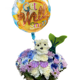 Flower basket with a teddy bear and a "Get Well Soon" balloon