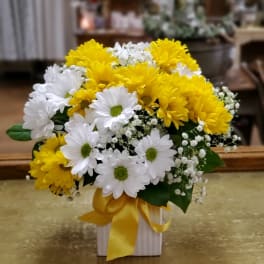 Yellow and white daisy bouquet in a white box with a yellow ribbon