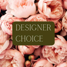 Pink peony blooms with a "Designer Choice" label