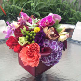 Colorful mixed bouquet in a burgundy vase with orchids, roses, and hydrangeas