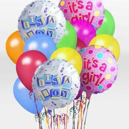 Cluster of colorful balloons with "It's a boy" and "It's a girl" messages