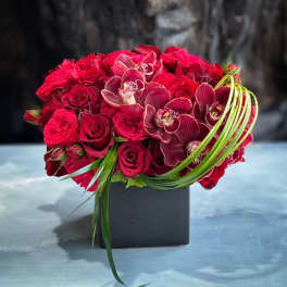 Red rose and orchid arrangement in a black square vase