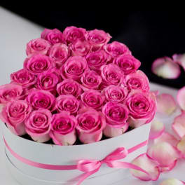 Pink roses arranged in a white hatbox with a pink ribbon