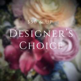 Blurred bouquet of pink, peach, and white flowers with designer's choice text